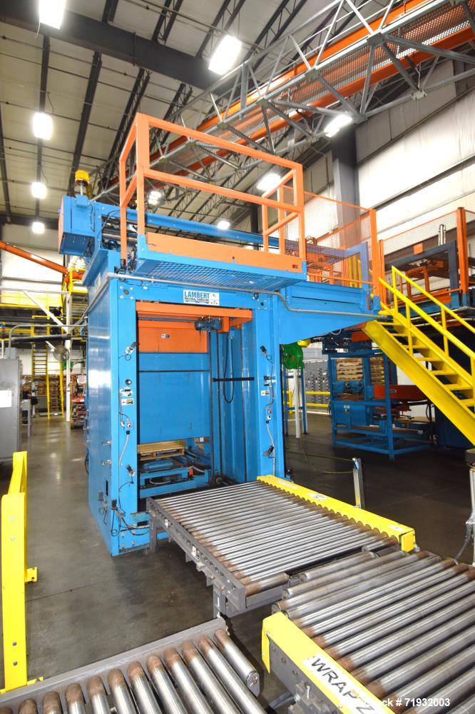 Used Lambert Material Handling 1200 Fully Automatic Bag Palletizer. Speeds up to 50 cases per minute based on layer pattern, load capacity 600 pounds per layer, Maximum load capacity 4000 at 70" heig...
