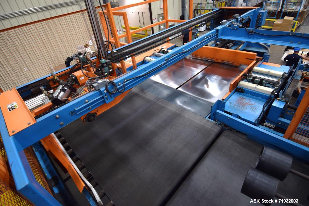 Used Lambert Material Handling 1200 Fully Automatic Bag Palletizer. Speeds up to 50 cases per minute based on layer pattern, load capacity 600 pounds per layer, Maximum load capacity 4000 at 70" heig...