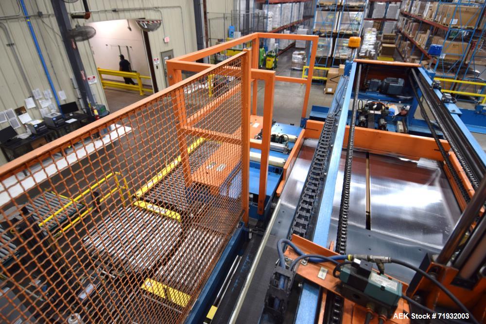 Used Lambert Material Handling 1200 Fully Automatic Bag Palletizer. Speeds up to 50 cases per minute based on layer pattern, load capacity 600 pounds per layer, Maximum load capacity 4000 at 70" heig...