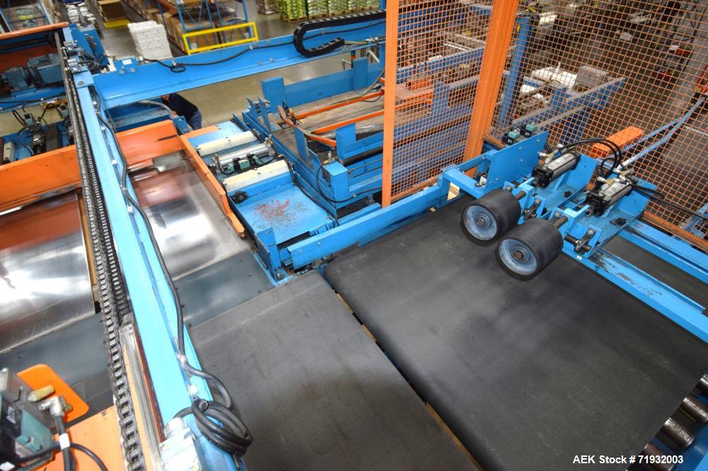 Used Lambert Material Handling 1200 Fully Automatic Bag Palletizer. Speeds up to 50 cases per minute based on layer pattern, load capacity 600 pounds per layer, Maximum load capacity 4000 at 70" heig...
