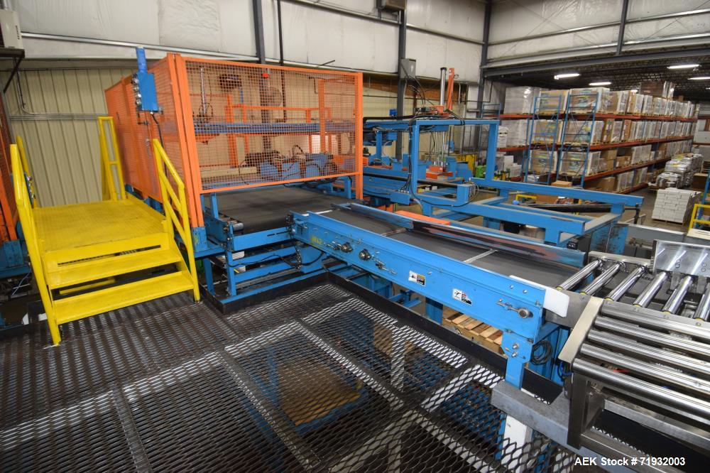 Used Lambert Material Handling 1200 Fully Automatic Bag Palletizer. Speeds up to 50 cases per minute based on layer pattern, load capacity 600 pounds per layer, Maximum load capacity 4000 at 70" heig...