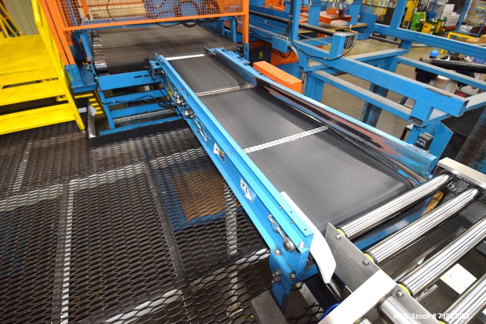 Used Lambert Material Handling 1200 Fully Automatic Bag Palletizer. Speeds up to 50 cases per minute based on layer pattern, load capacity 600 pounds per layer, Maximum load capacity 4000 at 70" heig...