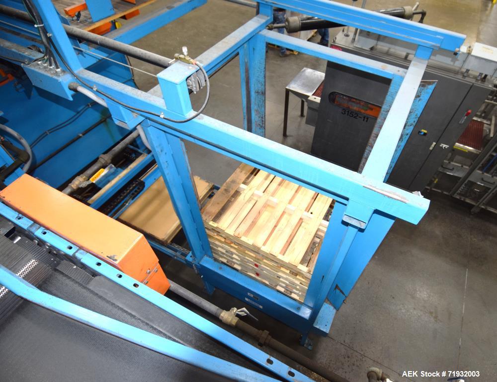 Used Lambert Material Handling 1200 Fully Automatic Bag Palletizer. Speeds up to 50 cases per minute based on layer pattern, load capacity 600 pounds per layer, Maximum load capacity 4000 at 70" heig...