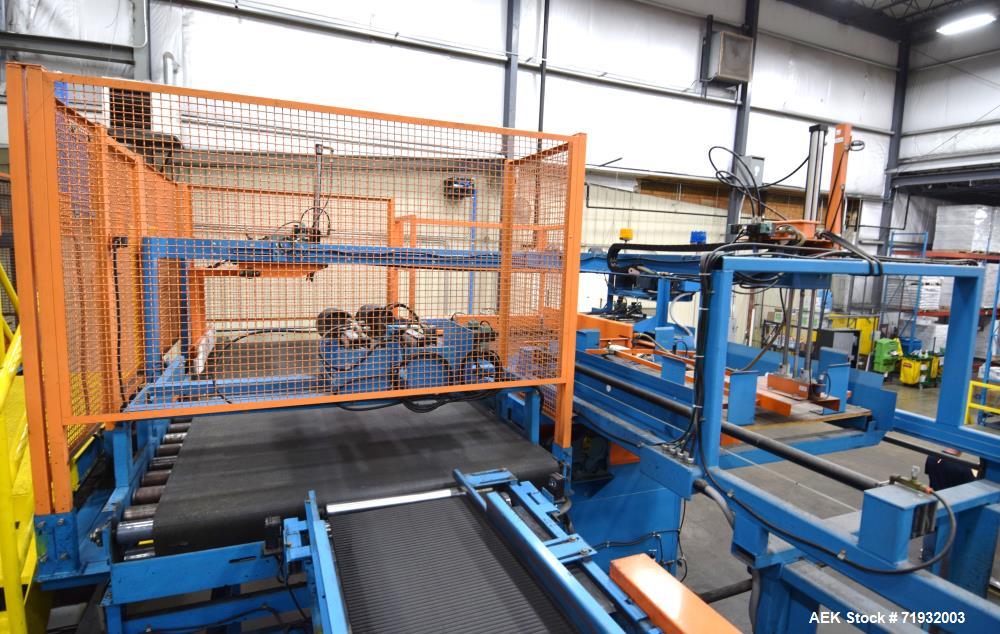 Used Lambert Material Handling 1200 Fully Automatic Bag Palletizer. Speeds up to 50 cases per minute based on layer pattern, load capacity 600 pounds per layer, Maximum load capacity 4000 at 70" heig...