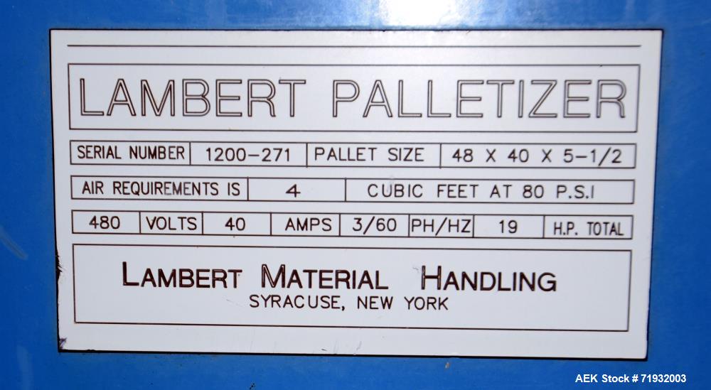 Used Lambert Material Handling 1200 Fully Automatic Bag Palletizer. Speeds up to 50 cases per minute based on layer pattern, load capacity 600 pounds per layer, Maximum load capacity 4000 at 70" heig...