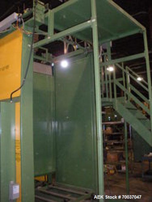 Used OMS Bulk Bottle Palletizer, Model BKP-108-1015-1. Semi-automatic PET bottle palletizer set for 44" x 56" pallets. Wide side leading pallet discharge. Includes tier sheet bin, pallet dispenser an...