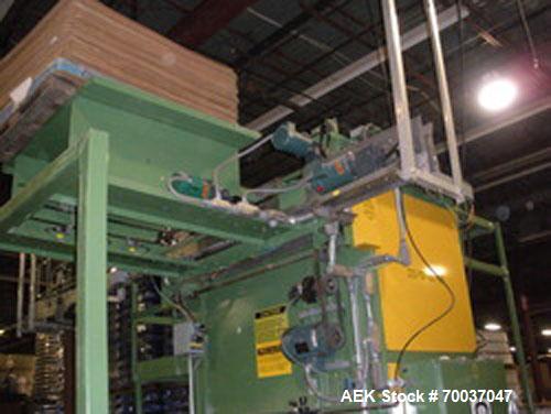 Used OMS Bulk Bottle Palletizer, Model BKP-108-1015-1. Semi-automatic PET bottle palletizer set for 44" x 56" pallets. Wide side leading pallet discharge. Includes tier sheet bin, pallet dispenser an...