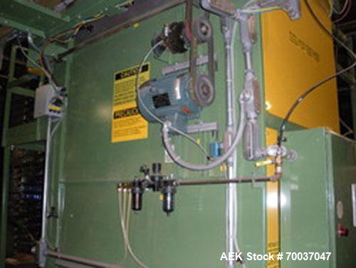 Used OMS Bulk Bottle Palletizer, Model BKP-108-1015-1. Semi-automatic PET bottle palletizer set for 44" x 56" pallets. Wide side leading pallet discharge. Includes tier sheet bin, pallet dispenser an...