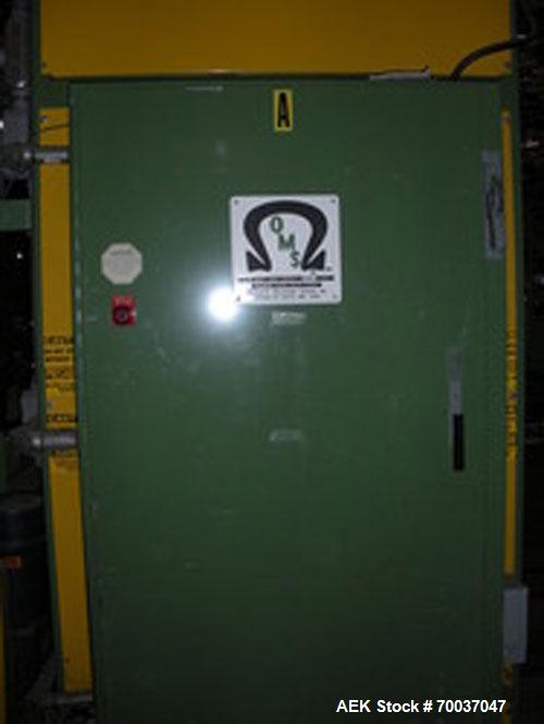 Used OMS Bulk Bottle Palletizer, Model BKP-108-1015-1. Semi-automatic PET bottle palletizer set for 44" x 56" pallets. Wide side leading pallet discharge. Includes tier sheet bin, pallet dispenser an...