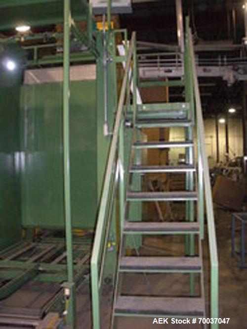 Used OMS Bulk Bottle Palletizer, Model BKP-108-1015-1. Semi-automatic PET bottle palletizer set for 44" x 56" pallets. Wide side leading pallet discharge. Includes tier sheet bin, pallet dispenser an...