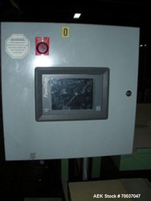 Used OMS Bulk Bottle Palletizer, Model BKP-108-1015-1. Semi-automatic PET bottle palletizer set for 44" x 56" pallets. Wide side leading pallet discharge. Includes tier sheet bin, pallet dispenser an...