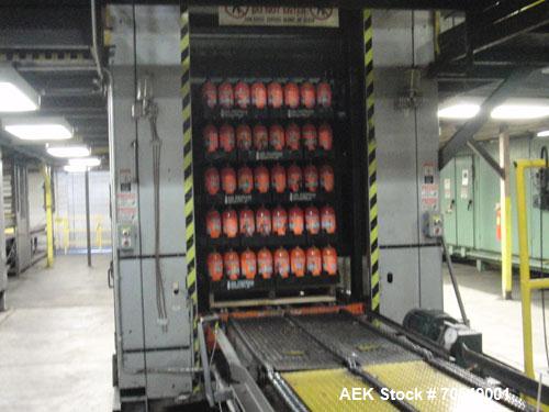 Used Wyard High Speed Palletizer, Model MAX02. Last running at speeds of 155 cases per minute. Has Allen Bradley SLC 5/02 controller. Can run pallets from 36 x 36 to 48 x 48. Last running 12 pack, 24...