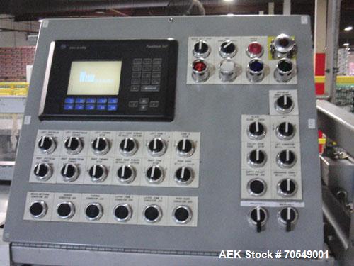 Used Wyard High Speed Palletizer, Model MAX02. Last running at speeds of 155 cases per minute. Has Allen Bradley SLC 5/02 controller. Can run pallets from 36 x 36 to 48 x 48. Last running 12 pack, 24...