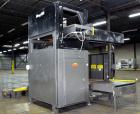 Used Alvey Model 800 Automatic Palletizer. Capable of speeds up to 75 cases per minute. Has Allen Bradley Micrologixs PLC controls, last running 40 x 48 pallets. Has pallet feeder, compact design.