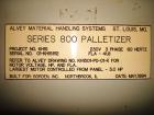 Used Alvey Model 800 Automatic Palletizer. Capable of speeds up to 75 cases per minute. Has Allen Bradley 504 PLC controls, last running 40 x 48 pallets. Has pallet feeder, compact design.