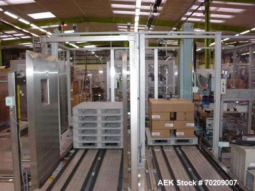 Used Cermex Sidel P922 Gantry Style Palletizer capable of speeds up to 12 cycles per minute. Has 4 axis gripping transfer station. Allen Bradley controls. Unit was installed and never put into produc...