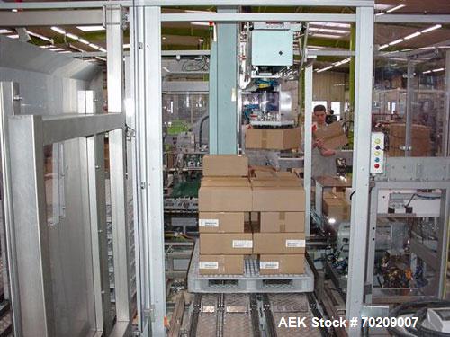 Used Cermex Sidel P922 Gantry Style Palletizer capable of speeds up to 12 cycles per minute. Has 4 axis gripping transfer station. Allen Bradley controls. Unit was installed and never put into produc...