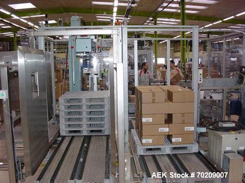 Used Cermex Sidel P922 Gantry Style Palletizer capable of speeds up to 12 cycles per minute. Has 4 axis gripping transfer station. Allen Bradley controls. Unit was installed and never put into produc...