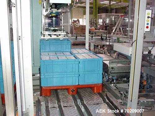 Used Cermex Sidel P922 Gantry Style Palletizer capable of speeds up to 12 cycles per minute. Has 4 axis gripping transfer station. Allen Bradley controls. Unit was installed and never put into produc...