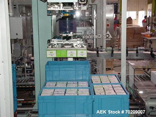 Used Cermex Sidel P922 Gantry Style Palletizer capable of speeds up to 12 cycles per minute. Has 4 axis gripping transfer station. Allen Bradley controls. Unit was installed and never put into produc...