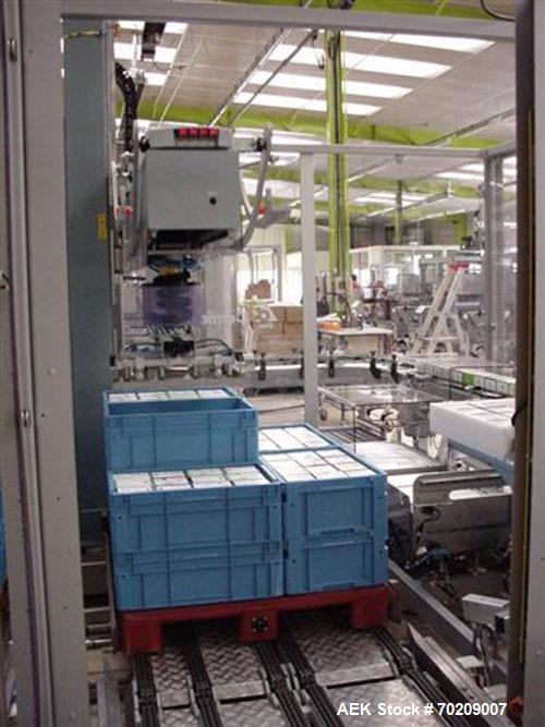 Used Cermex Sidel P922 Gantry Style Palletizer capable of speeds up to 12 cycles per minute. Has 4 axis gripping transfer station. Allen Bradley controls. Unit was installed and never put into produc...