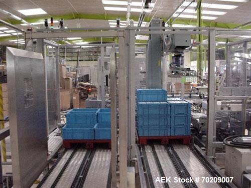 Used Cermex Sidel P922 Gantry Style Palletizer capable of speeds up to 12 cycles per minute. Has 4 axis gripping transfer station. Allen Bradley controls. Unit was installed and never put into produc...