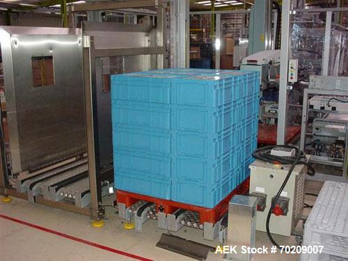 Used Cermex Sidel P922 Gantry Style Palletizer capable of speeds up to 12 cycles per minute. Has 4 axis gripping transfer station. Allen Bradley controls. Unit was installed and never put into produc...