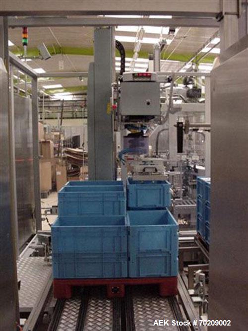 Used Cermex Sidel P922 Gantry Style Palletizer capable of speeds up to 12 cycles per minute. Has 4 axis gripping transfer station. Allen Bradley controls. Unit was installed and never put into produc...