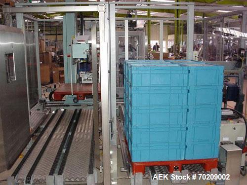 Used Cermex Sidel P922 Gantry Style Palletizer capable of speeds up to 12 cycles per minute. Has 4 axis gripping transfer station. Allen Bradley controls. Unit was installed and never put into produc...