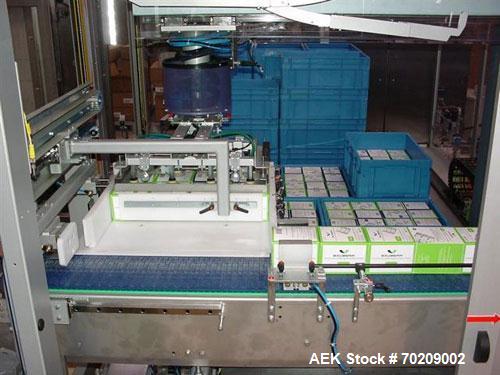 Used Cermex Sidel P922 Gantry Style Palletizer capable of speeds up to 12 cycles per minute. Has 4 axis gripping transfer station. Allen Bradley controls. Unit was installed and never put into produc...