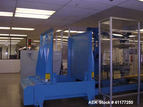 Used Columbia Okura 4 Axis Robotic Style Full Case or Bag Palletizer, Model A730. Capable of speeds up to 550 CPH or 700 BPH. Load capacity: rated 176 lb or 80 Kg, max 260 lb or 120 Kg. Has AB PLC co...