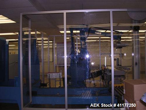 Used Columbia Okura 4 Axis Robotic Style Full Case or Bag Palletizer, Model A730. Capable of speeds up to 550 CPH or 700 BPH. Load capacity: rated 176 lb or 80 Kg, max 260 lb or 120 Kg. Has AB PLC co...