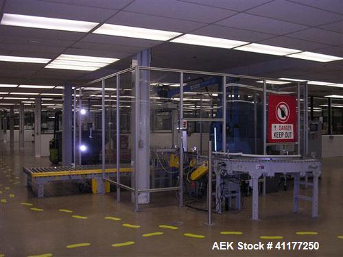 Used Columbia Okura 4 Axis Robotic Style Full Case or Bag Palletizer, Model A730. Capable of speeds up to 550 CPH or 700 BPH. Load capacity: rated 176 lb or 80 Kg, max 260 lb or 120 Kg. Has AB PLC co...