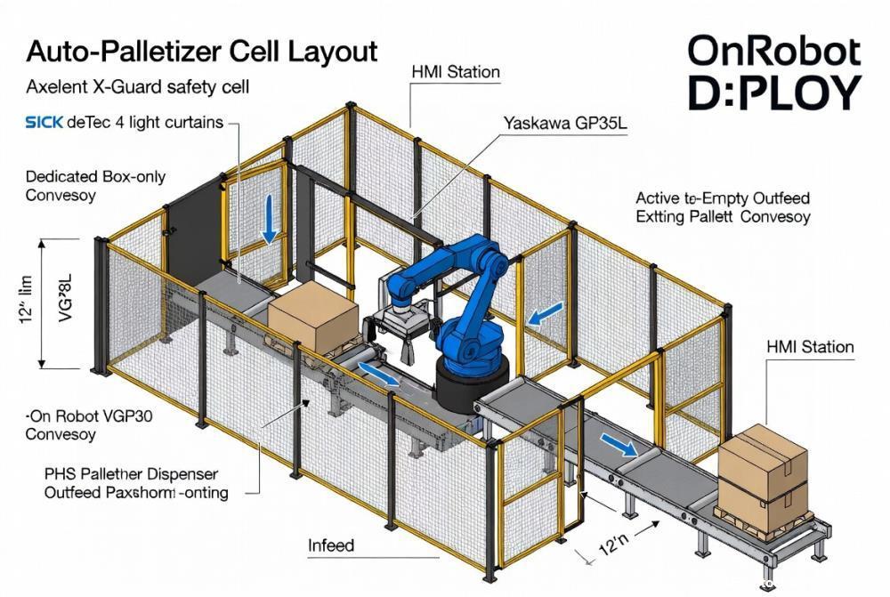 New OnRobot D:PLOY Automatic Robotic Palletizing System with Yaskawa GP35L Robot, Safety Enclosure & Conveyor