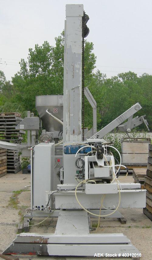 Used FMC Case Palletizer, model EZY150. Single axis, accepts approximate case maximum 24" high x 24" wide x 48" long. Equipped with 10’ conveyor section containing pallet magazine for auto pallet fee...