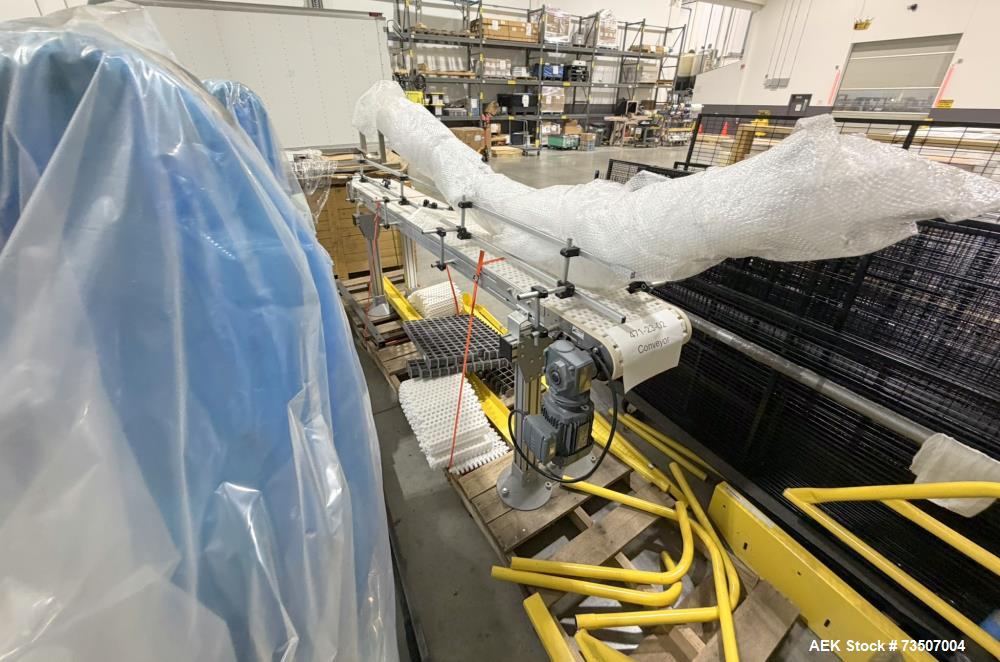 Used Fanuc Robotic Palletizing System, Model M710/M20. Palletizer consists of: (1) Fanuc LR-Mate 7L articulating robot, (1) Fanuc R-100IC articulating robot, (1) factor equipment sleeving device, (1)...