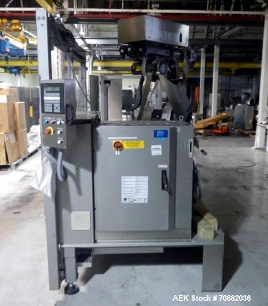 Used Pester Robotic Palletizer, Model PEWO-FORM PAL6. Rated speeds up to 15 packs/minute, with Kuka 5 axis robot, type KRC1, rated 162 KG, 480 volt, serial# 18049, built 2002, Pester serial# 10487C, ...