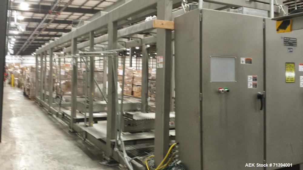 Used Van Pak 2-Lane Robotic Palletizer expandable to 4 lanes with 20 pallet infeed, Gantry Style, Model 2000. Electric 460/3/60. Mfg. 2003.