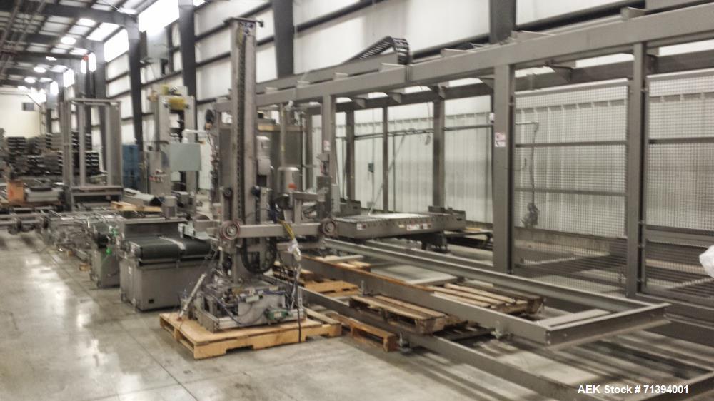 Used Van Pak 2-Lane Robotic Palletizer expandable to 4 lanes with 20 pallet infeed, Gantry Style, Model 2000. Electric 460/3/60. Mfg. 2003.
