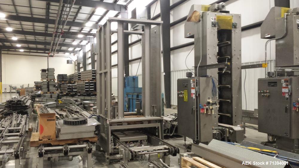 Used Van Pak 2-Lane Robotic Palletizer expandable to 4 lanes with 20 pallet infeed, Gantry Style, Model 2000. Electric 460/3/60. Mfg. 2003.
