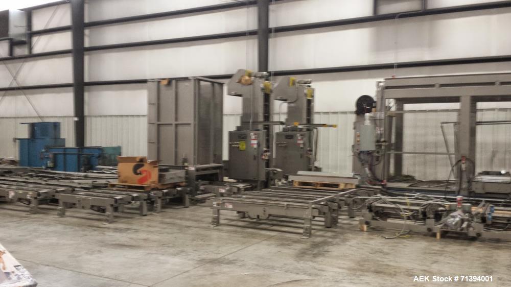 Used Van Pak 2-Lane Robotic Palletizer expandable to 4 lanes with 20 pallet infeed, Gantry Style, Model 2000. Electric 460/3/60. Mfg. 2003.