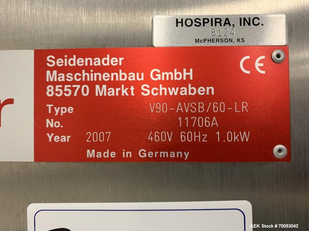 Used Unused Seidenader inspection system, with (2) type V90-AVSB/60 Seidenader semi automatic inspection units, (1) L-R unit, (1) R-L unit, currently set up for syringe inspection, with Sortec feedin...