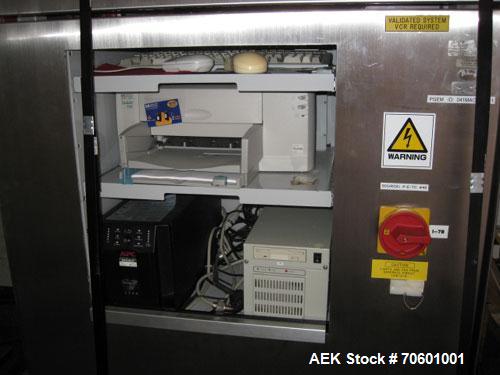 Used Eisai Sterile Rotary Vial Inspection Unit, Model 125-596.Designed for speeds up to 300 vials/minute,designed for 2, 5 and 10 ml vials for clear and suspension type products, 30 mm max diameter x...