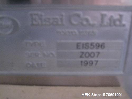 Used Eisai Sterile Rotary Vial Inspection Unit, Model 125-596.Designed for speeds up to 300 vials/minute,designed for 2, 5 and 10 ml vials for clear and suspension type products, 30 mm max diameter x...