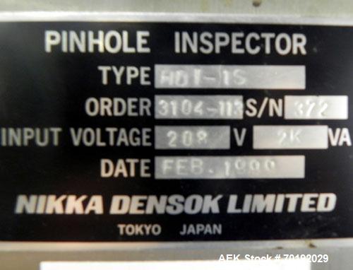 Used Nikka Densok Model HD1-1S High Voltage Pharmaceutical Pin Hole Detection System. Set for plastic vials and capable of speeds up to 300 vials per minute. Has a max card size: 150mm wide x 110mm t...
