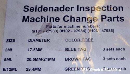 Used Seidenader V90 AVSB for visual inspection of filled vials. Model V90-AVSB/60-LR can handle products from .5ml to 1000ml with changeparts. Currently set up for 200ml vials. Can handle clear solut...