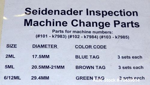 Used Seidenader V90 AVSB for visual inspection of filled vials. Model V90-AVSB/60-LR can handle products from .5ml to 1000ml with changeparts. Currently set up for 200ml vials. Can handle clear solut...