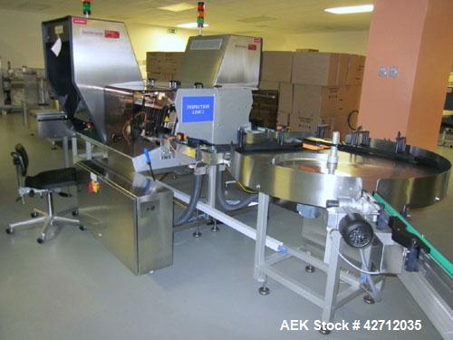 Used Seidenader Vial Inspection System Consisting Of: (2) Model V90-AVSB/75LR/RL vial inspection units, designed to inspect ampules, vials, syringes, bottles and tubes, .5-1000ml size range, rated up...
