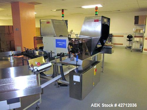 Used Seidenader Vial Inspection System Consisting Of: (2) Model V90-AVSB/75LR/RL vial inspection units, designed to inspect ampules, vials, syringes, bottles and tubes, .5-1000ml size range, rated up...
