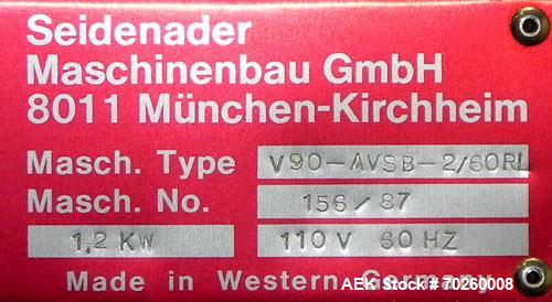 Used Seidenader V90 AVSB for visual inspection of filled syringes. Can handle products from .5ml to 1000ml with changeparts. Can handle clear solutions, suspensions, eye drops, diagnosticsm freeze dr...